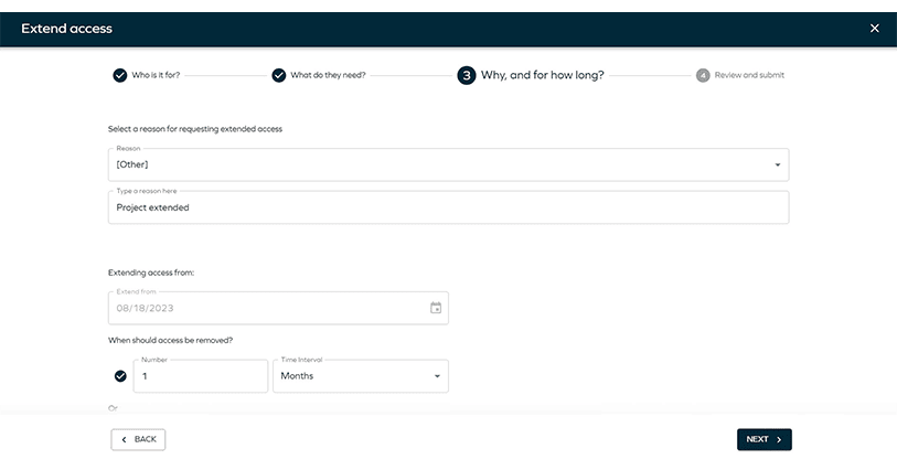 Omada Identity Cloud product screenshot - Extend access - step 3- why and how long