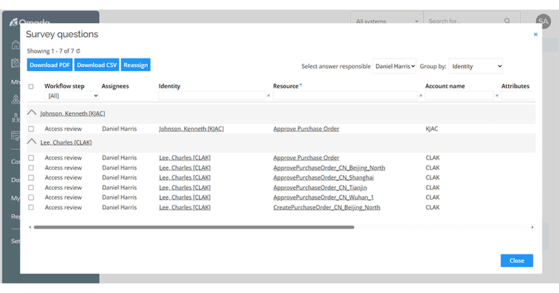 Omada Identity Cloud product screenshot - Export survey questions as csv